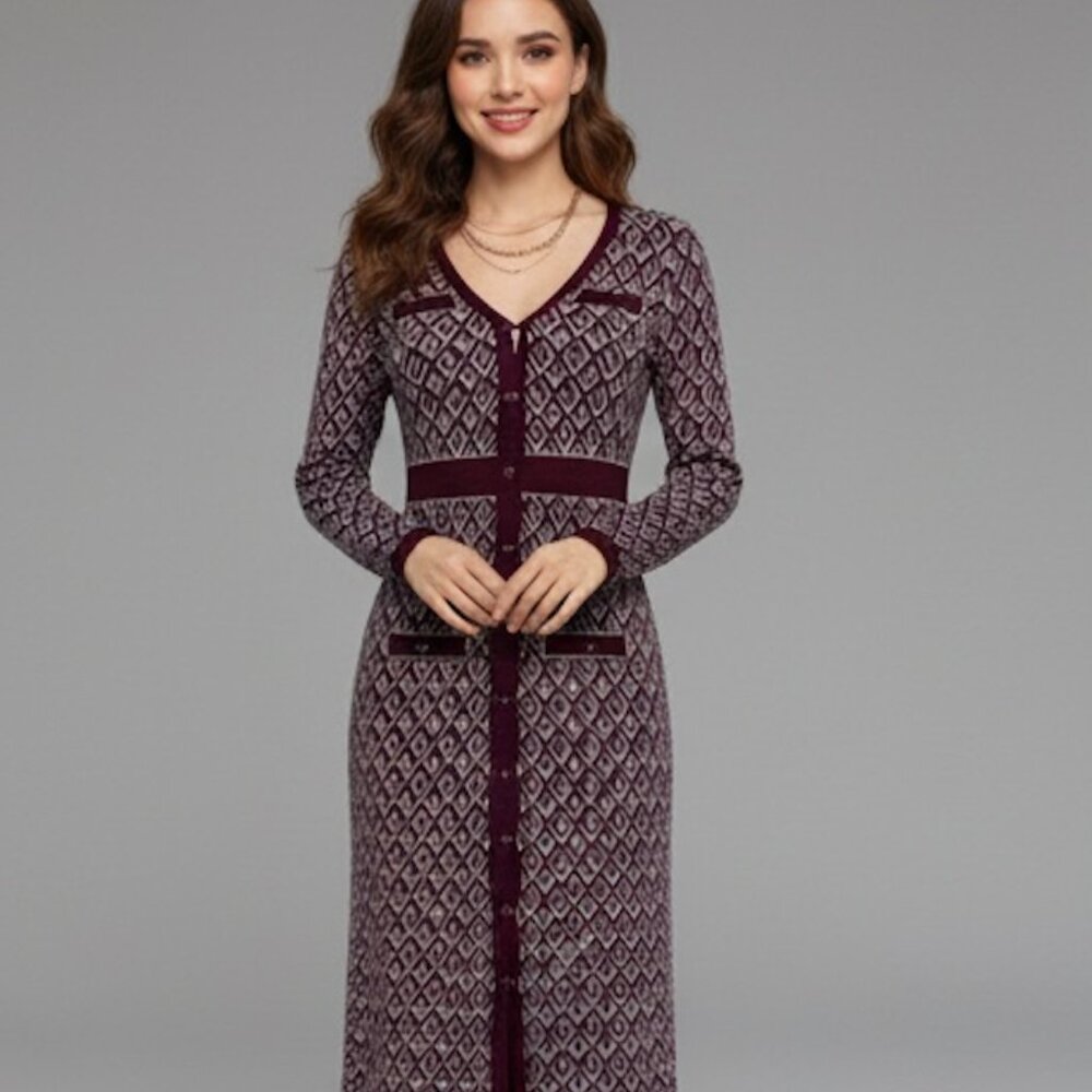Burgundy Button Front Pattern Sweater Dress